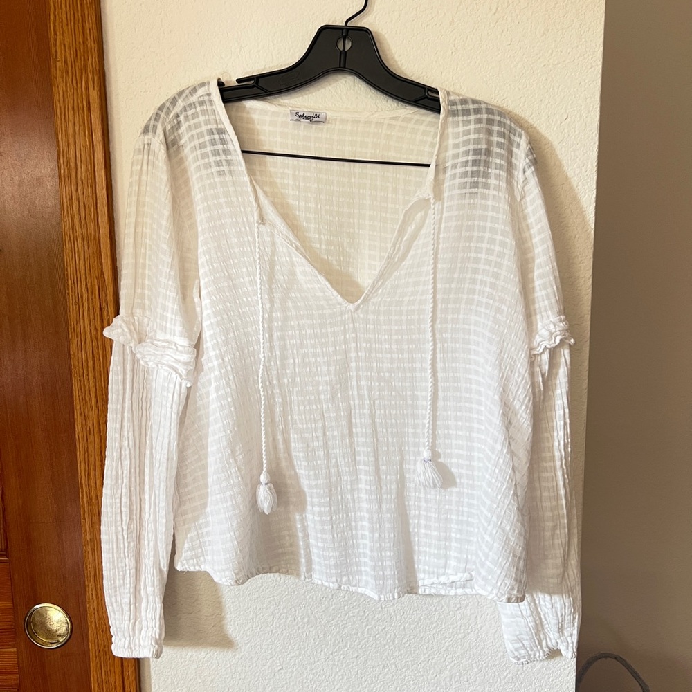 Splendid White Cotton Boho Peasant Blouse XS Tassel Tie V-Neck Long Sleeve Top